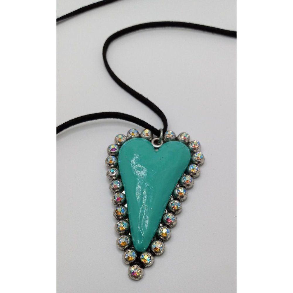Large Artisan Heart Pendant Rhinestones Silver Tone Statement 20" Long Necklace